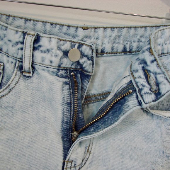 Acid Wash Light Wash Denim Jean Shorts Distressed High Waist Raw Frayed Medium - Picture 8 of 13